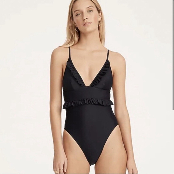 J.Crew NWT Black Ruffle Plunge deep-V swimsuit one-piece adjustable Plus-size 14 - Picture 1 of 7